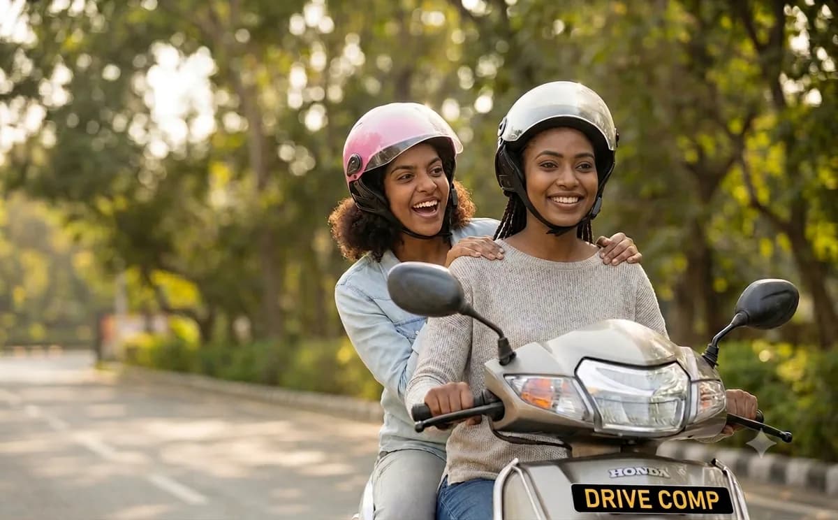 Two riders on a Drivecomp scooter on a tree-lined road in Udaipur